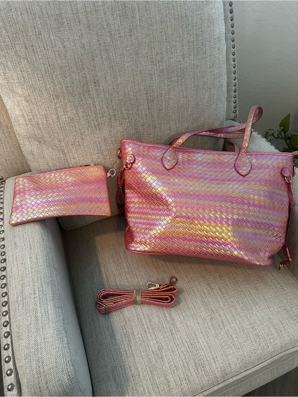 Iridescent Pink Woven Tote Bag with Wristlet and Strap